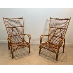 Pair of Tall Design Rattan Armchairs, Mid-Century Modern, French, circa 1950