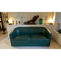 Art Déco Revival Dark Green Leather Three-Seat Sofa, French, circa 1980