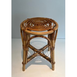 Circular Rattan Drum Stool, Mid-Century Modern, French Work, circa 1950