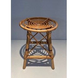 Rattan Drum Stool in the Style of Jean Royère, French, circa 1970