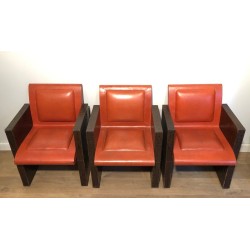 Suite of Three Brown & Orange Leather Armchairs, French, circa 1970