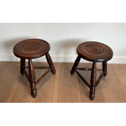 Pair of Turned Wood Stools Attributed to Charles Dudouyt, French, circa 1950