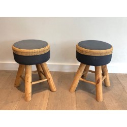 Pair of Solid Pine Stools, French Work, circa 1970