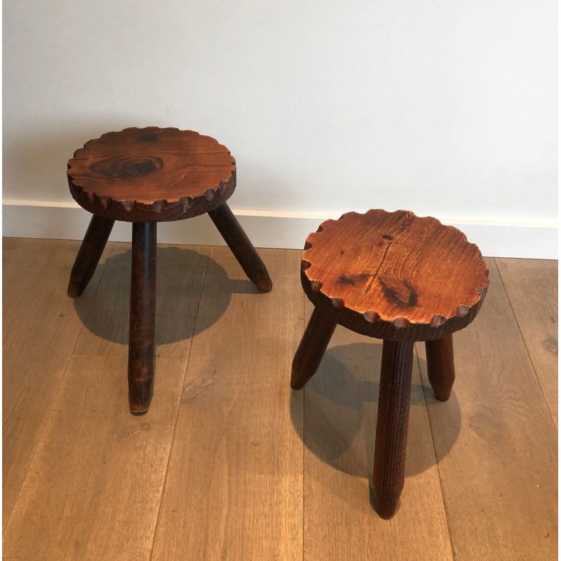 Pair of Brutalist Pine Stools, French Work, circa 1950