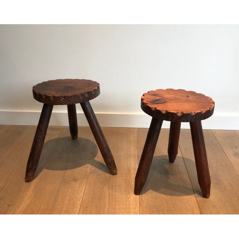 Pair of Brutalist Pine Stools, French Work, circa 1950