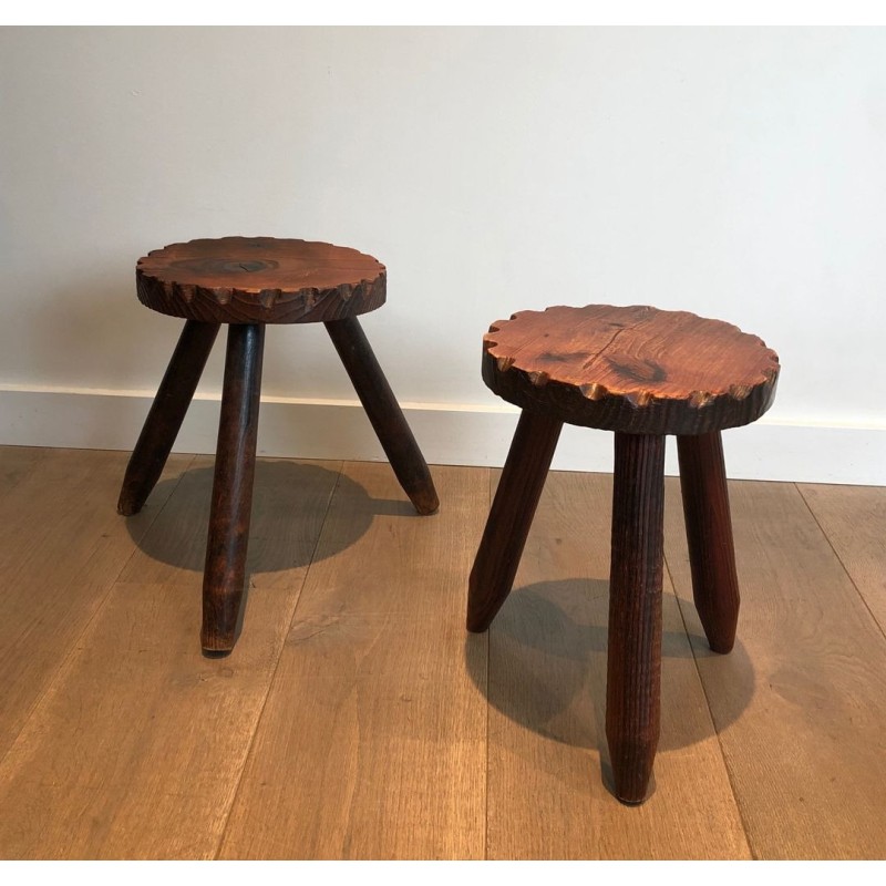 Pair of Brutalist Pine Stools, French Work, circa 1950
