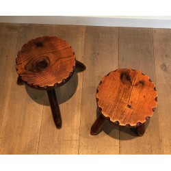 Pair of Brutalist Pine Stools, French Work, circa 1950
