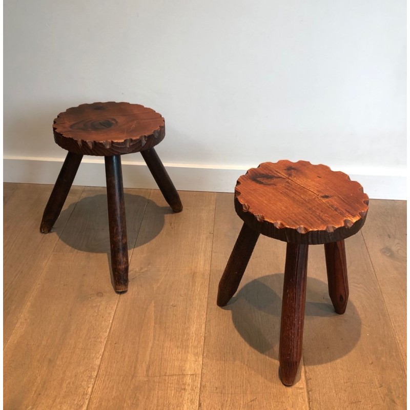 Pair of Brutalist Pine Stools, French Work, circa 1950