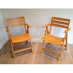 Pair of Folding Varnished Wood Armchairs by Clairitex, French, circa 1970
