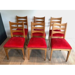 Set of 6 Oak & Red Velvet Dining Chairs, French Work, circa 1940