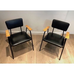 Pair of Black Lacquered Armchairs by Pierre Guariche, Model M, France, circa 1950