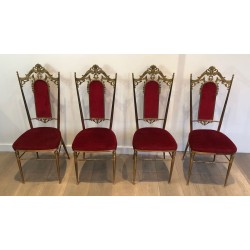 Set of 4 Neoclassical Brass & Red Velvet Chairs, in the Manner of Maison Jansen, circa 1940