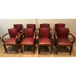 Rare Set of 8 Art Deco Mahogany & Faux-Leather Armchairs, French Work, circa 1930