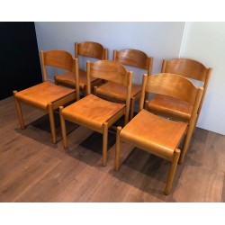 Set of Six Stackable Pine and Thermoformed Wood Chairs by Karl Klipper, circa 1970