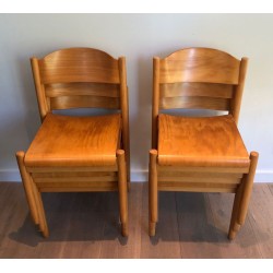 Set of Six Stackable Pine and Thermoformed Wood Chairs by Karl Klipper, circa 1970