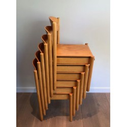 Set of Six Stackable Pine and Thermoformed Wood Chairs by Karl Klipper, circa 1970