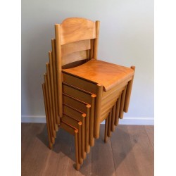 Set of Six Stackable Pine and Thermoformed Wood Chairs by Karl Klipper, circa 1970