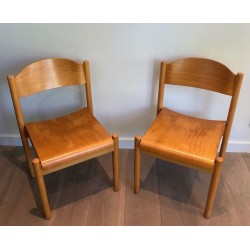 Set of Six Stackable Pine and Thermoformed Wood Chairs by Karl Klipper, circa 1970