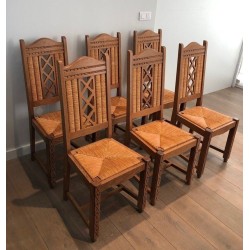 Set of Six French Brutalist Wood and Rattan Dining Chairs, circa 1950