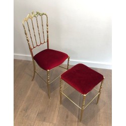 Brass Chiavari Chair and Stool with Green Velvet Seats, Italian Work, circa 1940