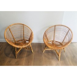 Pair of French Rattan Lounge Armchairs, circa 1970
