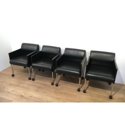 Set of Four Black Lacquered Metal and Leather Armchairs on Casters by Rosenthal, circa 1970