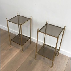 Pair of Neoclassical Brass Side Tables with Smoked Glass Tops by Maison Jansen, circa 1940
