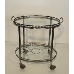 Oval Neoclassical Silvered Brass Drinks Trolley Attributed to Maison Jansen, circa 1940