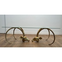 «Aux Mouflons» Brass Coffee Table with Ibex Heads by Alain Chervet, circa 1970