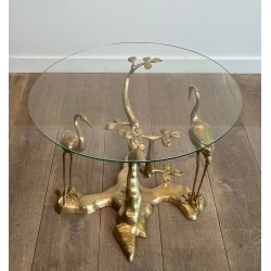 Brass Coffee Table with Cranes and Bonsai by Willy Daro, Belgium, circa 1970