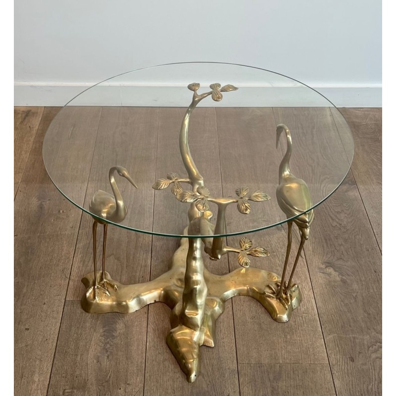 Brass Coffee Table with Cranes and Bonsai by Willy Daro, Belgium, circa 1970
