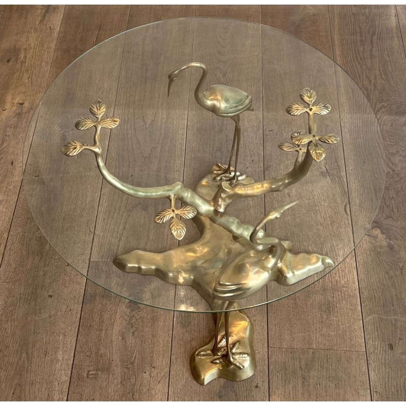 Brass Coffee Table with Cranes and Bonsai by Willy Daro, Belgium, circa 1970