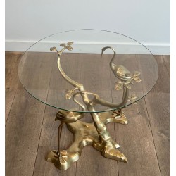Brass Coffee Table with Cranes and Bonsai by Willy Daro, Belgium, circa 1970