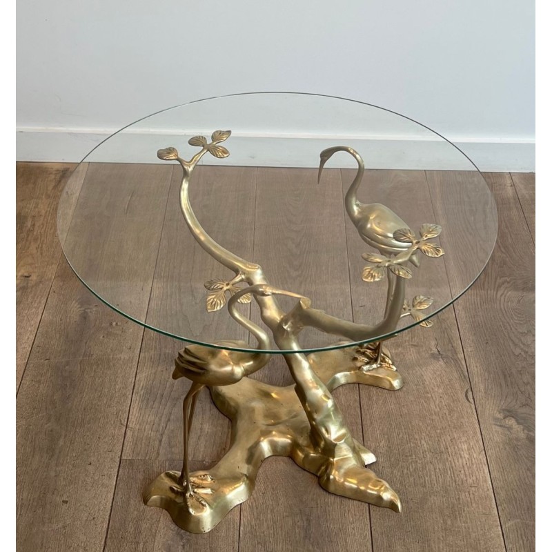 Brass Coffee Table with Cranes and Bonsai by Willy Daro, Belgium, circa 1970