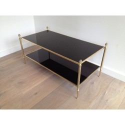 Neoclassical Style 2 Tiers Coffee Table made of Brass and Bronze with Black Lacquered Glass Shelves by Maison Baguès
