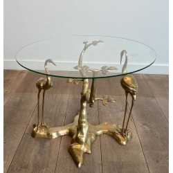 Brass Coffee Table with Cranes and Bonsai by Willy Daro, Belgium, circa 1970