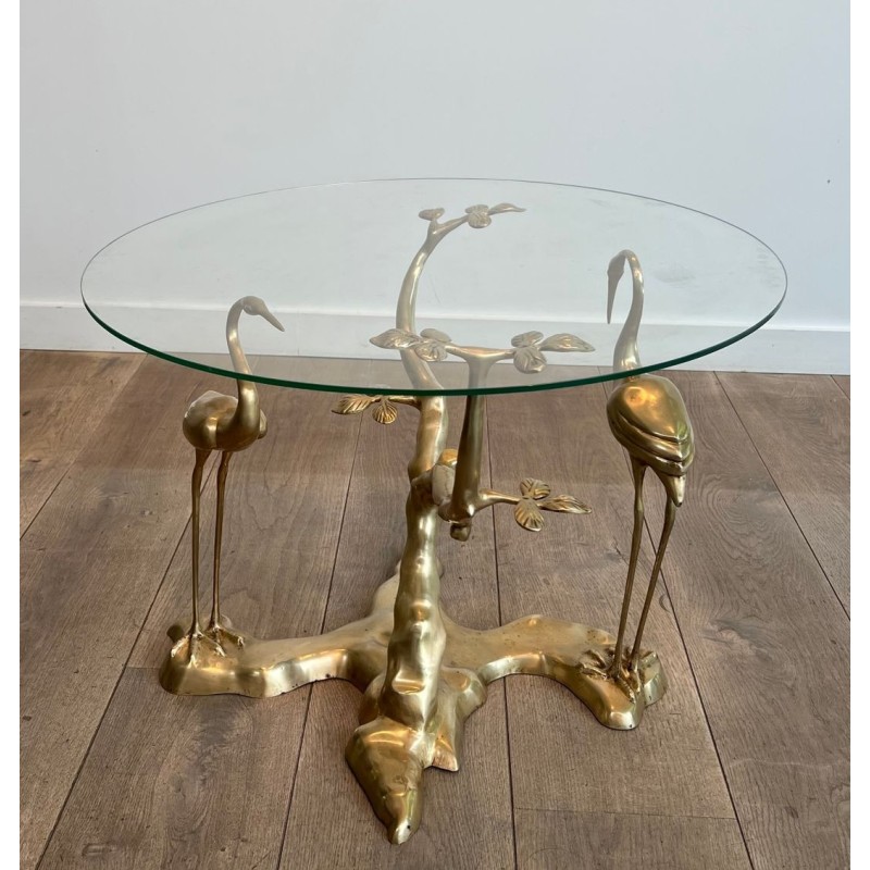 Brass Coffee Table with Cranes and Bonsai by Willy Daro, Belgium, circa 1970