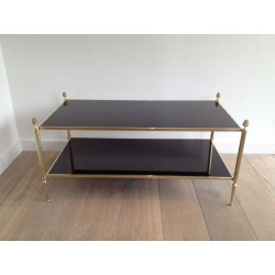 Neoclassical Style 2 Tiers Coffee Table made of Brass and Bronze with Black Lacquered Glass Shelves by Maison Baguès