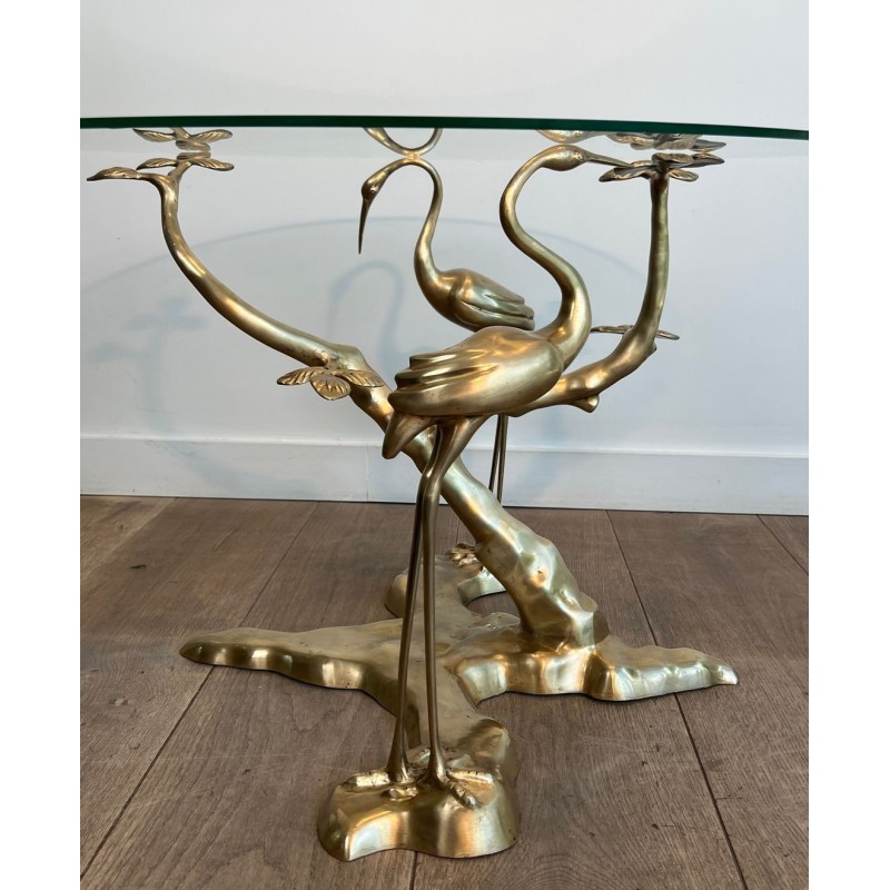 Brass Coffee Table with Cranes and Bonsai by Willy Daro, Belgium, circa 1970