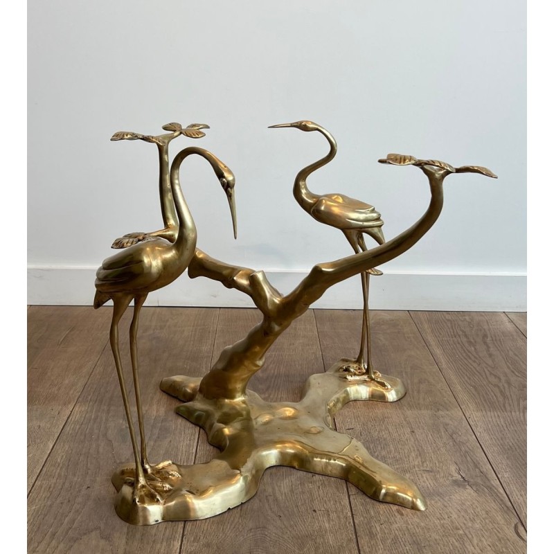 Brass Coffee Table with Cranes and Bonsai by Willy Daro, Belgium, circa 1970