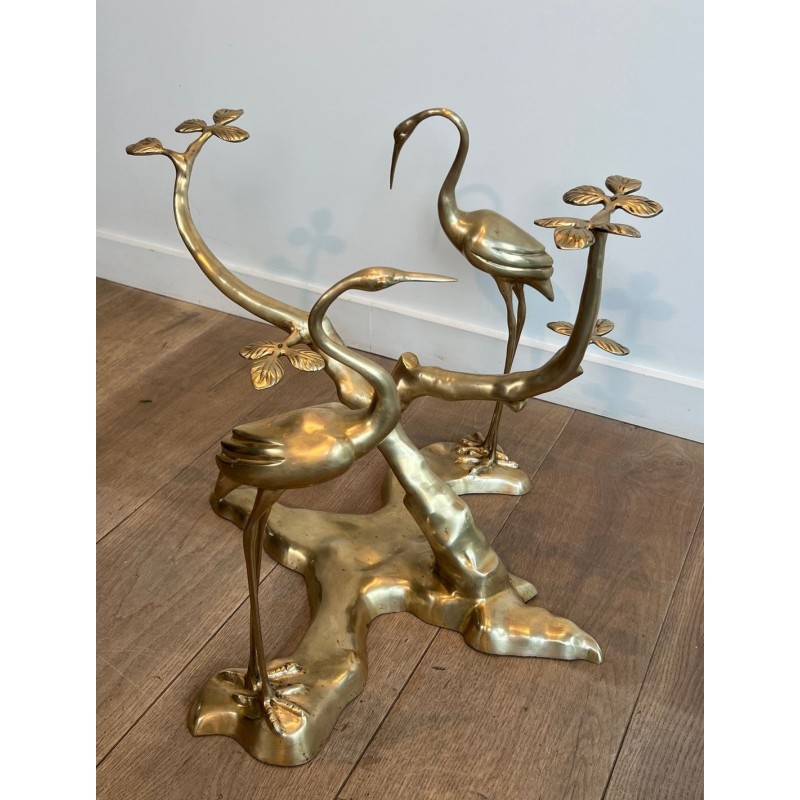 Brass Coffee Table with Cranes and Bonsai by Willy Daro, Belgium, circa 1970