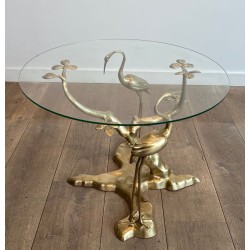 Brass Coffee Table with Cranes and Bonsai by Willy Daro, Belgium, circa 1970