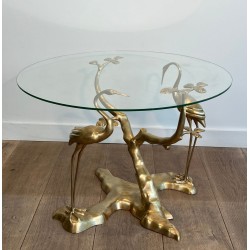 Brass Coffee Table with Cranes and Bonsai by Willy Daro, Belgium, circa 1970