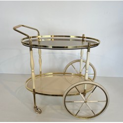 Art Déco Oval Brass and Eggshell Lacquered Wood Drinks Trolley, Italy, circa 1940