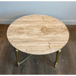Brass Coffee Table with White Marble Top in the Style of Maison Ramsay, France, circa 1970