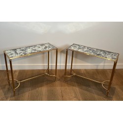 Pair of Neoclassical Brass Side Tables with Églomisé Mirror Tops by Maison Baguès, France, circa 1940