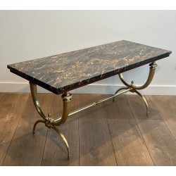 Neoclassical Brass Coffee Table with Black and Gilt Marble Top by Raymond Subes, France, circa 1940