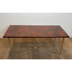 Neoclassical Brass Coffee Table with Chinoiserie Lacquered Top, Attributed to Maison Jansen, France, circa 1940