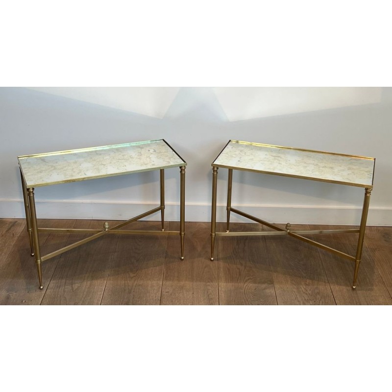 Pair of Brass Side Tables with Églomisé Mirror Tops, Maison Jansen, France, circa 1940