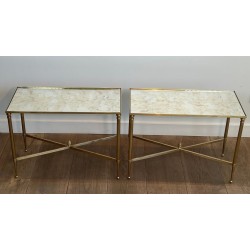 Pair of Brass Side Tables with Églomisé Mirror Tops, Maison Jansen, France, circa 1940